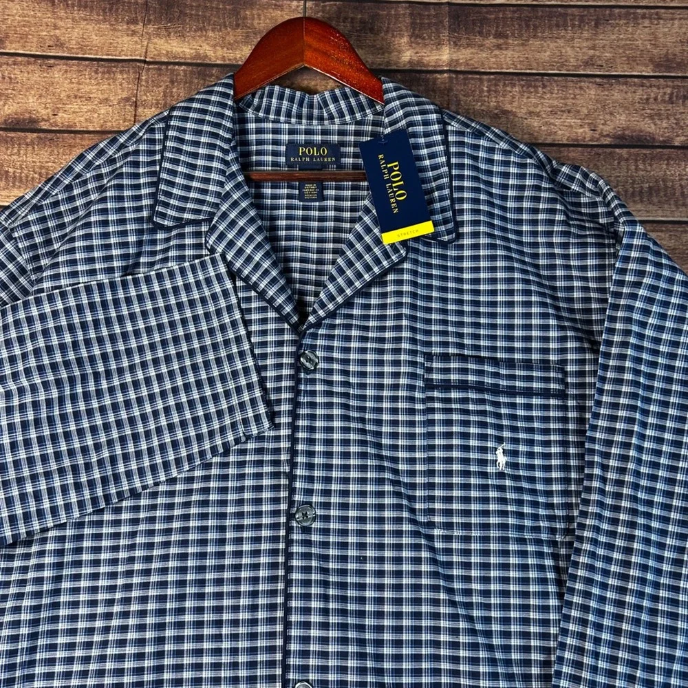 Polo Ralph Lauren Mens XL Pajama Shirt Navy Blue White Plaid Cotton Stretch NWT